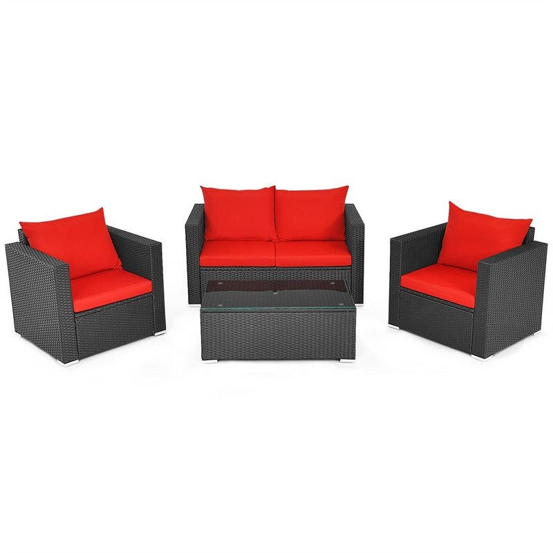 4 Pieces Outdoor Wicker Patio Rattan Conversation Set with Coffee Table & Padded Cushion