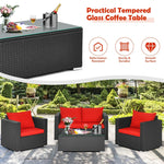 4 Pieces Outdoor Wicker Patio Rattan Conversation Set with Coffee Table & Padded Cushion