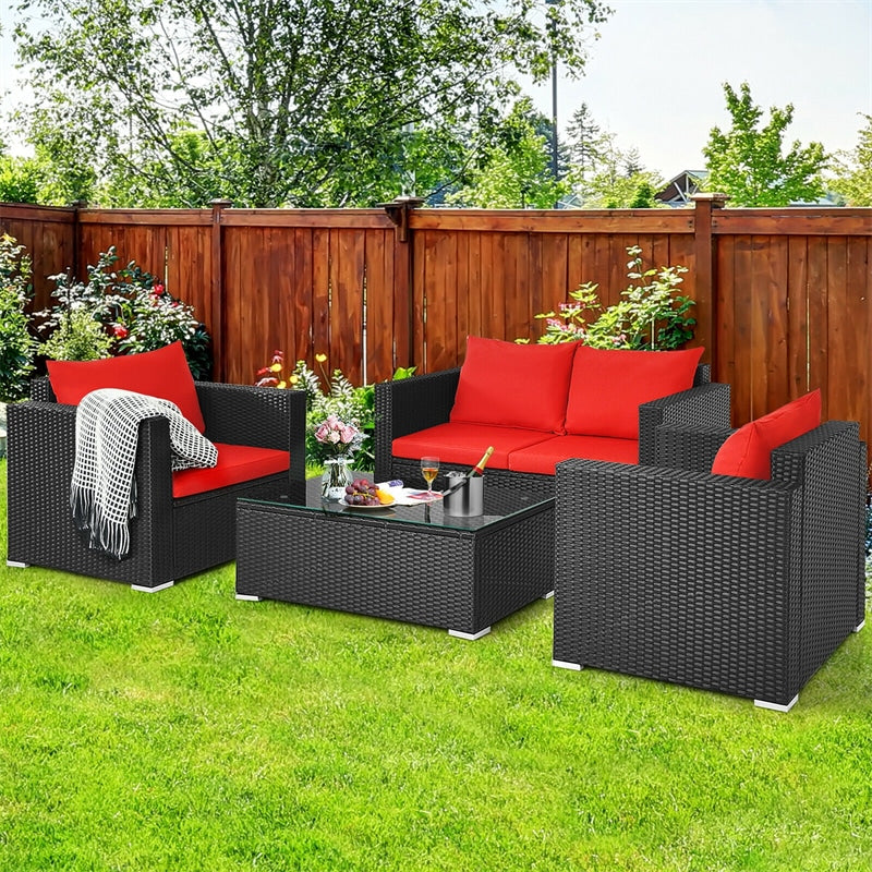 4 Pieces Outdoor Wicker Patio Rattan Conversation Set with Coffee Table & Padded Cushion