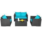 4 Pieces Outdoor Wicker Patio Rattan Conversation Set with Coffee Table & Padded Cushion