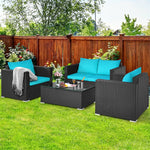 4 Pieces Outdoor Wicker Patio Rattan Conversation Set with Coffee Table & Padded Cushion