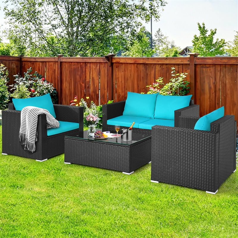 4 Pieces Outdoor Wicker Patio Rattan Conversation Set with Coffee Table & Padded Cushion