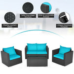 4 Pieces Outdoor Wicker Patio Rattan Conversation Set with Coffee Table & Padded Cushion