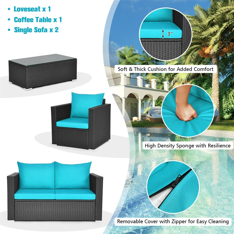 4 Pieces Outdoor Wicker Patio Rattan Conversation Set with Coffee Table & Padded Cushion