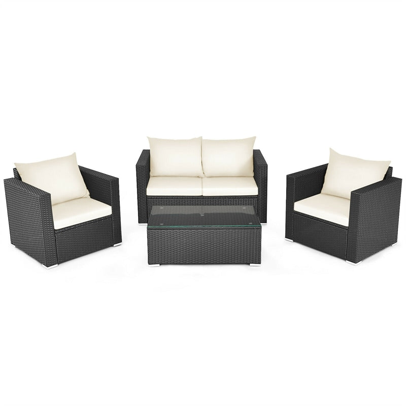 4 Pieces Outdoor Wicker Patio Rattan Conversation Set with Coffee Table & Padded Cushion