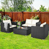 4 Pieces Outdoor Wicker Patio Rattan Conversation Set with Coffee Table & Padded Cushion