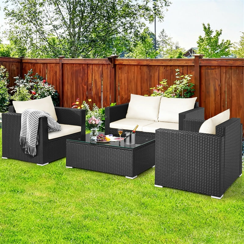 4 Pieces Outdoor Wicker Patio Rattan Conversation Set with Coffee Table & Padded Cushion