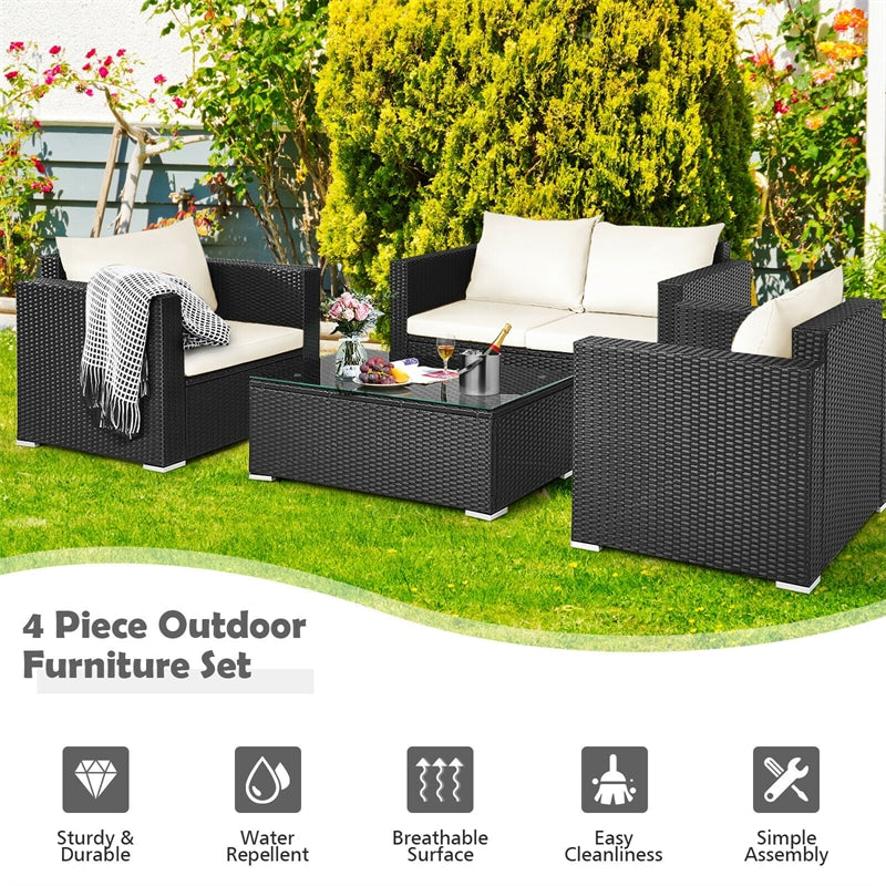 4 Pieces Outdoor Wicker Patio Rattan Conversation Set with Coffee Table & Padded Cushion