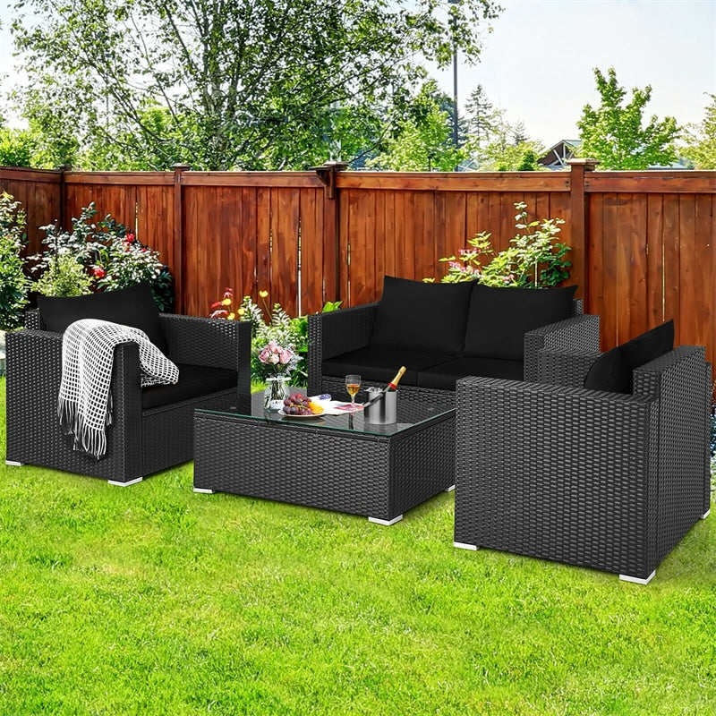 4 Pieces Outdoor Wicker Patio Rattan Conversation Set with Coffee Table & Padded Cushion