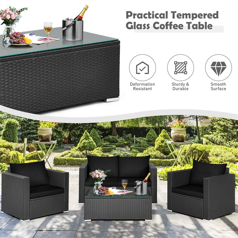 4 Pieces Outdoor Wicker Patio Rattan Conversation Set with Coffee Table & Padded Cushion