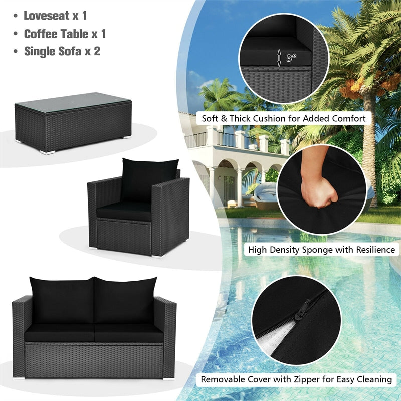 4 Pieces Outdoor Wicker Patio Rattan Conversation Set with Coffee Table & Padded Cushion