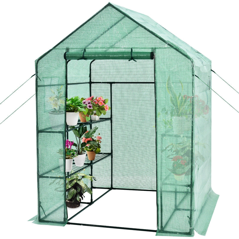 Portable Walk-in Greenhouse 2 Tiers 8 Shelves Garden Grow Tent Indoor Outdoor Weather-Proof PE Cover with Roll-Up Zipper Door & 2 Windows