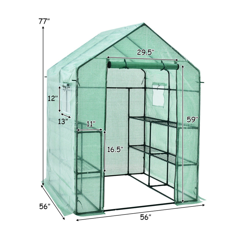 Portable Walk-in Greenhouse 2 Tiers 8 Shelves Garden Grow Tent Indoor Outdoor Weather-Proof PE Cover with Roll-Up Zipper Door & 2 Windows