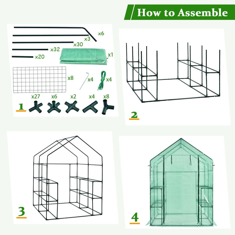 Portable Walk-in Greenhouse 2 Tiers 8 Shelves Garden Grow Tent Indoor Outdoor Weather-Proof PE Cover with Roll-Up Zipper Door & 2 Windows