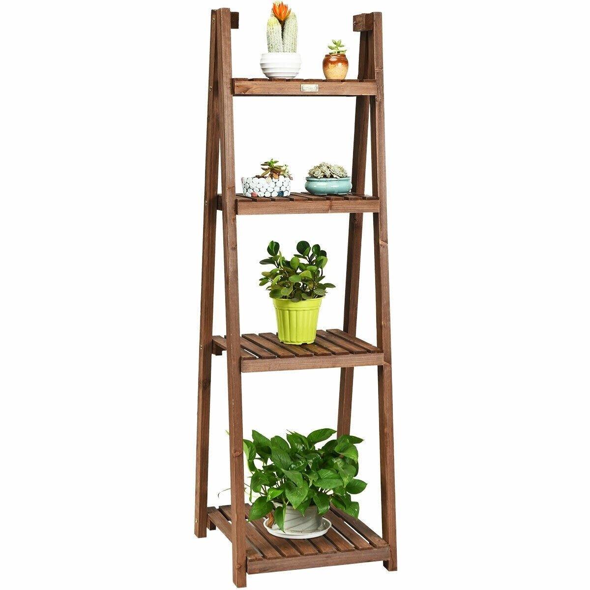 4 Tier Folding Wooden Garden Plant Stand Flower Pot Holder - Bestoutdor