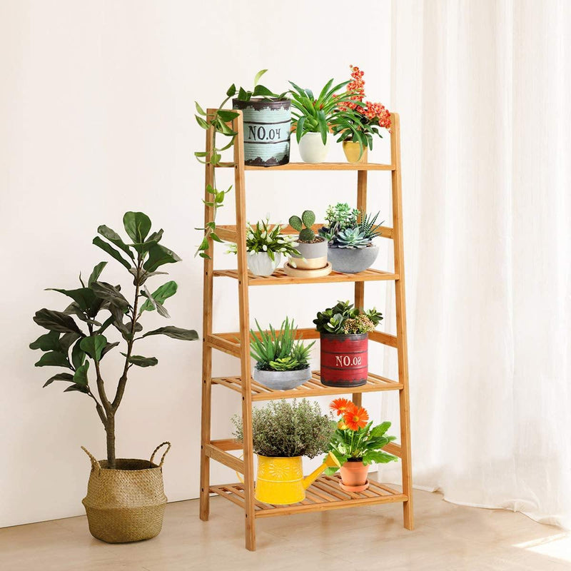 4 Tier Multifunctional Bamboo Ladder Shelf Plant Display Rack - Bestoutdor