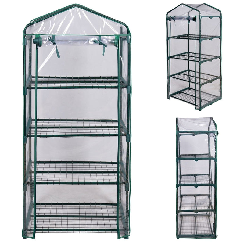 Mini Walk-in Greenhouse Portable Indoor Outdoor Garden Greenhouse Metal Frame with Multi-Tier Shelves & Zippered Roll-Up Door