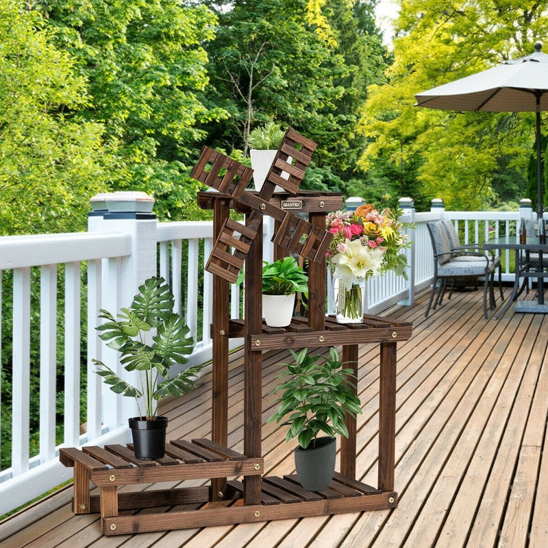 4 Tier Wood Plant Stand Flower Pot Holder with Windmill