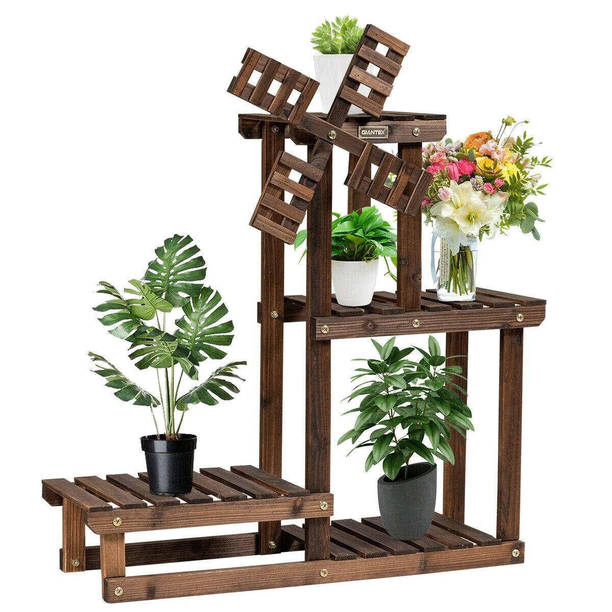 4 Tier Wood Plant Stand Flower Pot Holder with Windmill