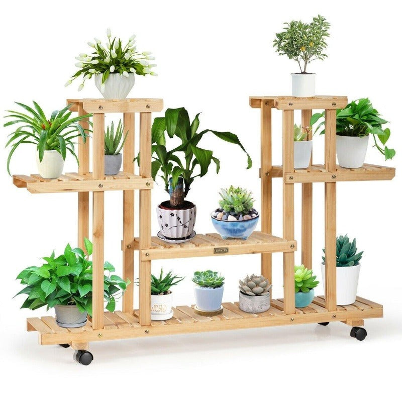 4 Tier Wood Plant Stand Rolling Flower Rack with 6 Wheels - Bestoutdor