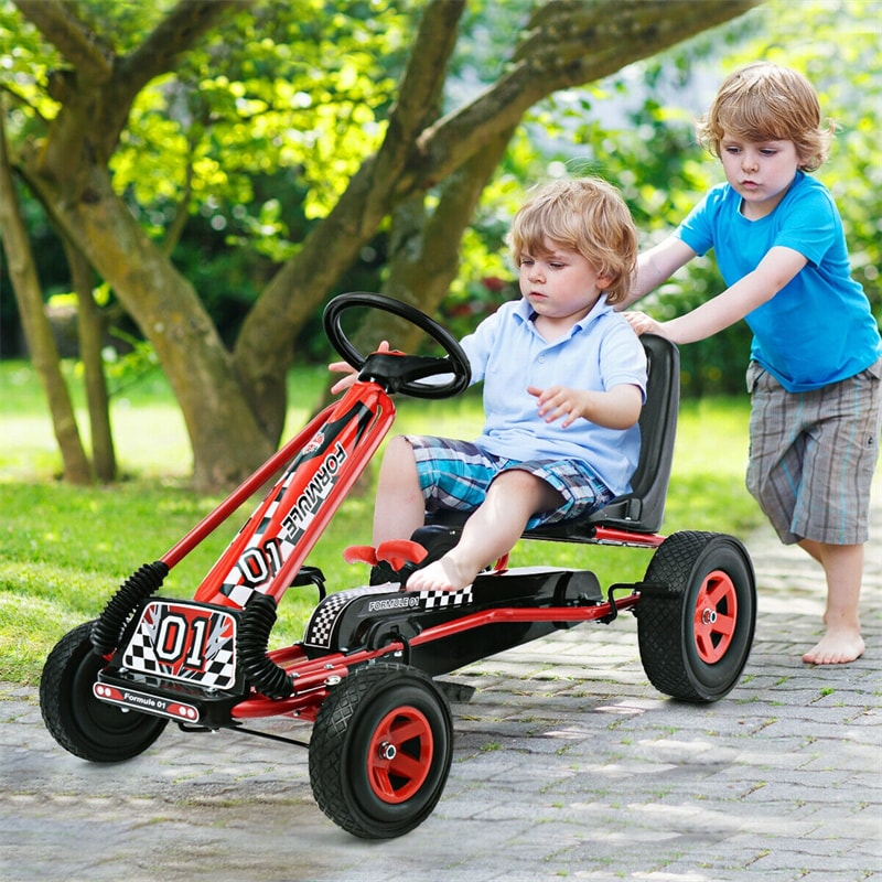 Kids Ride On Pedal Go Kart 4 Wheel Pedal Kart Off-Road Go Kart Racer Car with Adjustable Seat