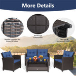 4 Piece Outdoor Rattan Furniture Set Patio Conversation Set with Bottom Shelf Coffee Table & Cushions