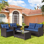 4 Piece Outdoor Rattan Furniture Set Patio Conversation Set with Bottom Shelf Coffee Table & Cushions