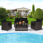 4 Piece Outdoor Rattan Furniture Set Patio Conversation Set with Bottom Shelf Coffee Table & Cushions