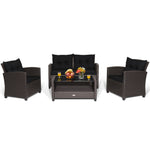 4 Piece Outdoor Rattan Furniture Set Patio Conversation Set with Bottom Shelf Coffee Table & Cushions