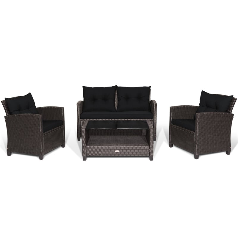 4 Piece Outdoor Rattan Furniture Set Patio Conversation Set with Bottom Shelf Coffee Table & Cushions