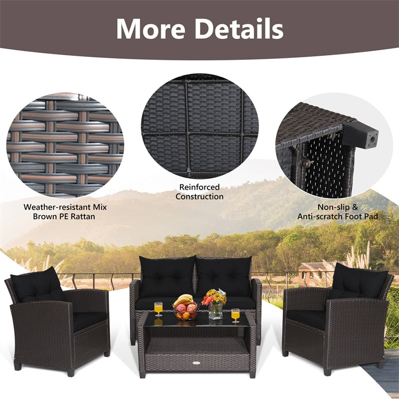 4 Piece Outdoor Rattan Furniture Set Patio Conversation Set with Bottom Shelf Coffee Table & Cushions