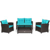 4 Piece Outdoor Rattan Furniture Set Patio Conversation Set with Bottom Shelf Coffee Table & Cushions