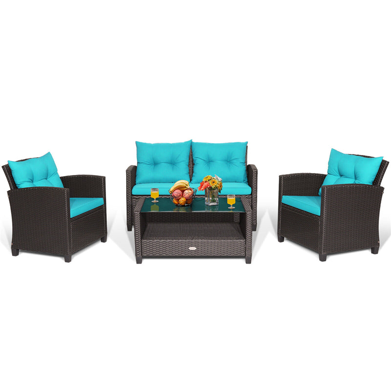 4 Piece Outdoor Rattan Furniture Set Patio Conversation Set with Bottom Shelf Coffee Table & Cushions