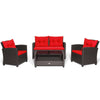 4 Piece Outdoor Rattan Furniture Set Patio Conversation Set with Bottom Shelf Coffee Table & Cushions