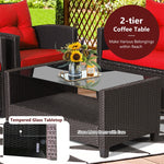 4 Piece Outdoor Rattan Furniture Set Patio Conversation Set with Bottom Shelf Coffee Table & Cushions