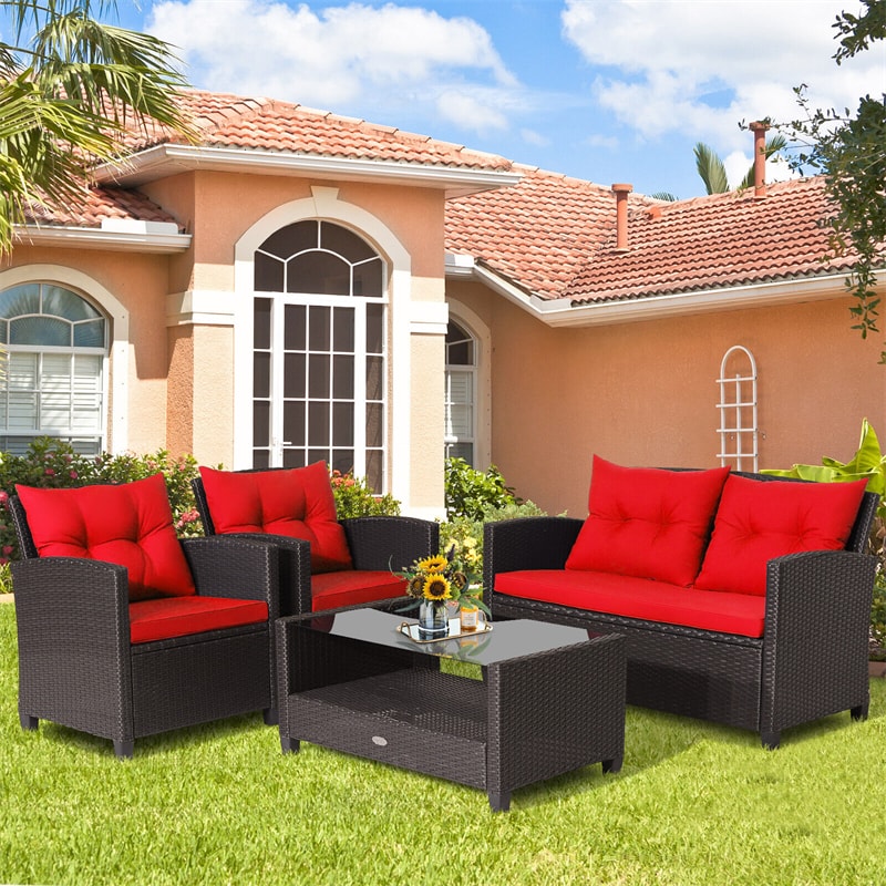 4 Piece Outdoor Rattan Furniture Set Patio Conversation Set with Bottom Shelf Coffee Table & Cushions