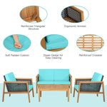 4 Piece Acacia Wood Rattan Patio Conversation Set with Acacia Wood Coffee Table & Soft Cushions