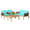 4 Piece Acacia Wood Rattan Patio Conversation Set with Acacia Wood Coffee Table & Soft Cushions