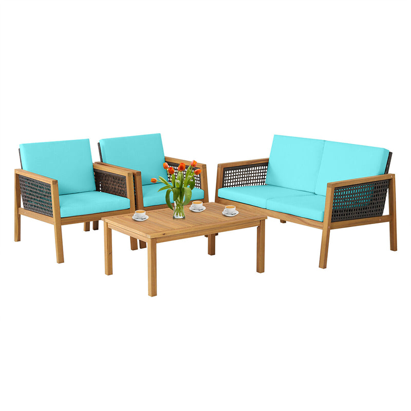 4 Piece Acacia Wood Rattan Patio Conversation Set with Acacia Wood Coffee Table & Soft Cushions