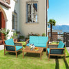 4 Piece Acacia Wood Rattan Patio Conversation Set with Acacia Wood Coffee Table & Soft Cushions