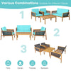 4 Piece Acacia Wood Rattan Patio Conversation Set with Acacia Wood Coffee Table & Soft Cushions