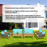 4 Piece Acacia Wood Rattan Patio Conversation Set with Acacia Wood Coffee Table & Soft Cushions