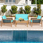 4 Piece Acacia Wood Rattan Patio Conversation Set with Acacia Wood Coffee Table & Soft Cushions