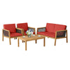 4 Piece Acacia Wood Rattan Patio Conversation Set with Acacia Wood Coffee Table & Soft Cushions