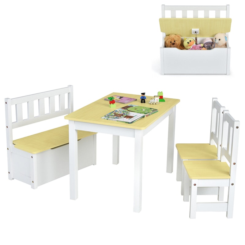 4 Piece Wooden Kids Activity Table & Chairs Set with Toy Storage Bench for Children Playroom