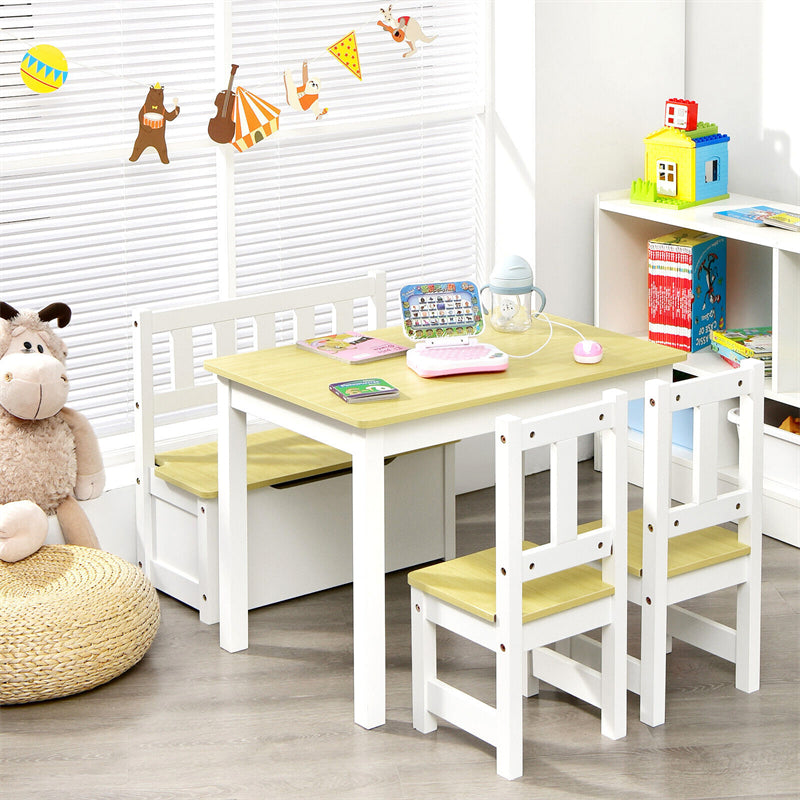 4 Piece Wooden Kids Activity Table & Chairs Set with Toy Storage Bench for Children Playroom