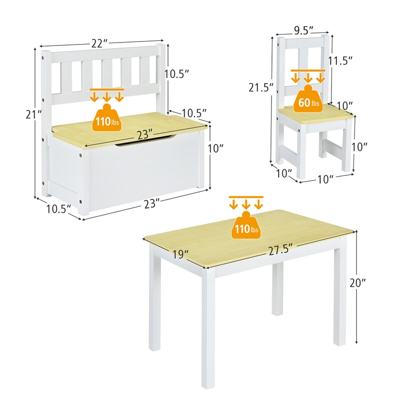 4 Piece Wooden Kids Activity Table & Chairs Set with Toy Storage Bench for Children Playroom