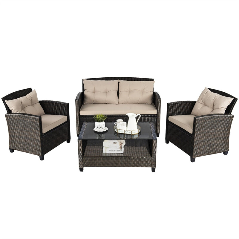 4-Piece Outdoor Rattan Furniture Set Patio Cushioned Conversation Set Wicker Sectional Sofa with Loveseat Chair & Shelf Glass Coffee Table