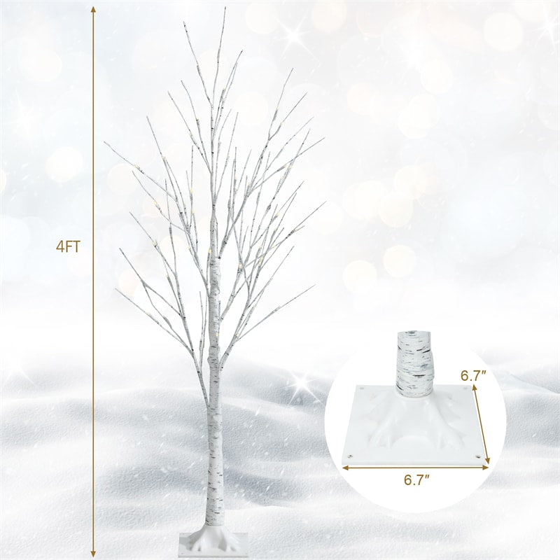 4ft PreLit Twig Christmas Tree Artificial White Birch Tree with 48 Warm White LED Lights for Indoor Party Holiday Decoration