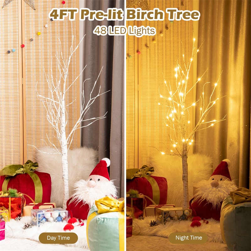 4ft PreLit Twig Christmas Tree Artificial White Birch Tree with 48 Warm White LED Lights for Indoor Party Holiday Decoration